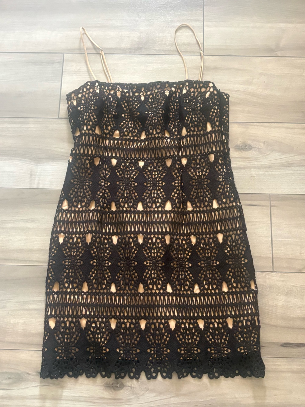 Lulus Black Crochet Lace Overlay Cami Mini Dress Nude Lining, size M